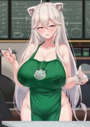 Rule 34 | 1girl, ahoge, alternate breast size, animal ears, apron, blurry, blurry background, breasts, cleavage, collarbone, cream cod, cup, fangs, green apron, grey eyes, hair between eyes, highres, holding, holding cup, holding marker, hololive, huge breasts, lactation, lactation through clothes, lion ears, lion girl, lion tail, long hair, looking at viewer, marker, meme, nail polish, naked apron, parted lips, shishiro botan, sideboob, silver hair, smile, solo, tail, virtual youtuber