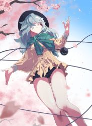 Rule 34 | 1girl, alternate costume, bare legs, black sclera, blue sky, buttons, cherry blossoms, colored sclera, day, floral print, from below, green scarf, hair over one eye, hat, highres, komeiji koishi, long sleeves, outdoors, red eyes, reiga (act000), scarf, shirt, short shorts, shorts, silver hair, sky, solo, third eye, touhou, yellow shirt