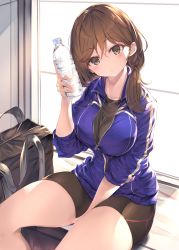 Rule 34 | 1girl, absurdres, bag, bike shorts, black bag, black shirt, black shorts, blue jacket, bottle, breasts, brown eyes, brown hair, closed mouth, collarbone, commentary request, fal maro, hand up, highres, holding, holding bottle, jacket, large breasts, long hair, long sleeves, looking at viewer, original, shirt, shorts, sitting, skindentation, solo, thighs, towel, water bottle