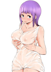 Rule 34 | 1girl, blue eyes, blush, breast lift, breasts, cameltoe, cleavage, cleft of venus, collarbone, covered erect nipples, eyebrows, gensokigou, large breasts, long hair, looking at viewer, medium breasts, nipples, open mouth, original, purple hair, see-through, shirt, simple background, solo, tank top, wet, wet clothes, wet shirt, white background