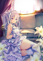 Rule 34 | 1girl, ass, backlighting, bare shoulders, blurry, blurry background, blurry foreground, blush, breasts, bridal gauntlets, closed mouth, commentary request, couch, curtains, day, depth of field, dress, earrings, flower, hair between eyes, hair flower, hair ornament, highres, idolmaster, idolmaster cinderella girls, jewelry, kanzaki ranko, light purple hair, long hair, looking at viewer, medium breasts, pink flower, pink rose, purple dress, purple eyes, rei (rei&#039;s room), rose, sitting, sleeveless, sleeveless dress, smile, solo, sunlight, thighhighs, white flower, white thighhighs, window