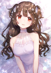 Rule 34 | 1girl, :3, absurdres, bare arms, bare shoulders, breasts, brown hair, canarinu, closed mouth, collarbone, dress, female focus, flower, hair flower, hair ornament, hair ribbon, halter dress, halterneck, head tilt, highres, long hair, looking at viewer, medium breasts, original, red eyes, ribbon, see-through, sidelocks, sleeveless, sleeveless dress, smile, solo, two side up, upper body, wavy hair, white dress, white flower, white ribbon