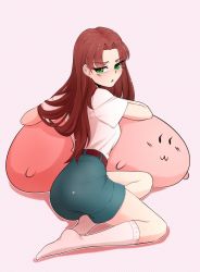 Rule 34 | 1girl, ass, belt, blue skirt, blush, brown belt, brown hair, closed mouth, commentary request, deredereday, everlasting summer, from side, full body, green eyes, highres, leaning to the side, long hair, looking at viewer, mod-chan, parted bangs, pillow, pink background, russian commentary, shirt, short sleeves, simple background, sitting, skirt, socks, solo, striped, striped background, sulking, white shirt, white socks