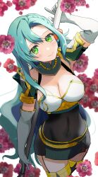 Rule 34 | 1girl, absurdres, aqua hair, armor, black dress, blush, breasts, chloe (fire emblem), cleavage, commentary, covered navel, cowboy shot, dress, elbow gloves, fire emblem, fire emblem engage, flower, gloves, green eyes, highres, large breasts, long hair, looking at viewer, microdress, mu tu bu, nintendo, pink flower, pink lips, shoulder armor, smile, solo, standing, thighs, very long hair, white background, white gloves