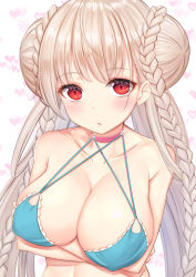 Rule 34 | 1girl, azur lane, bad id, bad pixiv id, bikini, blue bikini, blush, braid, braided bun, breasts, collarbone, covered erect nipples, crossed arms, double bun, eyes visible through hair, formidable (azur lane), formidable (the lady of the beach) (azur lane), hair bun, heart, heart background, highres, large breasts, long hair, looking at viewer, multi-strapped bikini bottom, multi-strapped bikini top, platinum blonde hair, red eyes, solo, swimsuit, twintails, upper body, white background, zhi yu (siro800102)