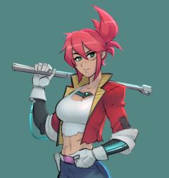 Rule 34 | 1girl, belt, closed mouth, commentary, cowboy shot, cropped jacket, english commentary, gloves, green eyes, hair between eyes, hi-fi rush, holding, holding weapon, korsica (hi-fi rush), looking at viewer, navel, pink hair, ponytail, psuede, solo, weapon, white gloves