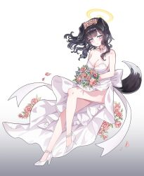 Rule 34 | 1girl, alternate costume, animal ears, bare legs, black hair, blue archive, blush, bouquet, breasts, choker, cleavage, dog ears, dog girl, dog tail, dress, flower, full body, hair flower, hair ornament, halo, hibiki (blue archive), high heels, highres, holding, holding bouquet, legs, long hair, looking at viewer, medium breasts, petals, picter, rose, rose petals, skirt, solo, strapless, strapless dress, tail, wedding dress, white choker, white dress