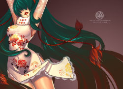 Rule 34 | 1girl, bad id, bad pixiv id, china dress, chinese clothes, dress, fiodo, green hair, hair over eyes, hatsune miku, lips, lipstick, long hair, makeup, solo, very long hair, vocaloid