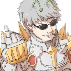 Rule 34 | 1boy, antennae, armor, beckoning, breastplate, chainmail, cigarette, commentary request, facial hair, gauntlets, grey hair, grin, natsuya (kuttuki), pauldrons, ragnarok online, rune knight (ragnarok online), short hair, shoulder armor, simple background, smile, solo, spiked pauldrons, stubble, sunglasses, upper body, white background