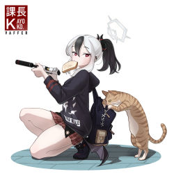 Rule 34 | 1girl, absurdres, artist name, backpack, bag, black bag, black footwear, black hair, black hoodie, black wings, blue archive, blush, bread slice, brick floor, cat, character name, demon horns, demon wings, food, food in mouth, gun, h&amp;k hk45, h&amp;k p30, hair ornament, hairclip, halo, handgun, highres, holding, holding gun, holding weapon, hood, hood down, hoodie, horns, kayoko (blue archive), kneeling, long sleeves, looking at another, low wings, medium hair, miniskirt, mouth hold, multicolored hair, on one knee, pistol, plaid, plaid skirt, pleated skirt, ponytail, red eyes, red skirt, shoes, simple background, single wing, skirt, sneakers, suppressor, sweatdrop, toast, toast in mouth, two-tone hair, vaffer, weapon, white hair, wings