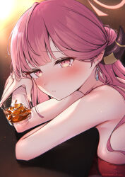Rule 34 | 1girl, aru (blue archive), aru (dress) (blue archive), blue archive, blush, breasts, brown horns, closed mouth, cup, demon horns, earrings, halo, highres, holding, holding cup, horns, jewelry, large breasts, long hair, looking at viewer, minazumi souka, official alternate costume, pink hair, pink halo, solo, twitter username, yellow eyes