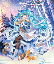 Rule 34 | 1girl, animal, band uniform, birch tree, black thighhighs, blue eyes, blue hair, blue jacket, boots, bow, bowtie, commentary request, copyright notice, crypton future media, dawn, drum, drumsticks, eighth note, epaulettes, eyebrows hidden by hair, feathers, footprints, fox, french horn, hair between eyes, hair ornament, hand up, hanekoto, hat, hat feather, hatsune miku, holding, holding instrument, horns, instrument, jacket, leg up, long hair, looking at viewer, musical note, official art, open mouth, outdoors, piapro, pine tree, pleated skirt, red bow, red bowtie, ribbon, sheet music, single horn, skirt, smile, snow, snowflake print, snowflakes, solo, squirrel, string of flags, tambourine, tassel, thighhighs, tree, twintails, very long hair, vocaloid, waving, white footwear, white hair, white skirt, winter, yuki miku, yuki miku (2020), yukine (vocaloid)