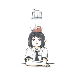 Rule 34 | 1girl, black hair, black necktie, commentary request, food, food on head, highres, necktie, object on head, open mouth, peroponesosu., pointy ears, red eyes, shameimaru aya, shirt, short hair, short sleeves, simple background, solo, touhou, upper body, white background, white shirt