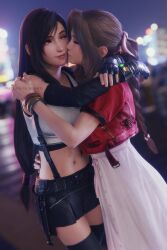Rule 34 | 2girls, 3d, aerith gainsborough, arms around neck, artist name, bare shoulders, black gloves, black hair, black skirt, black sports bra, black thighhighs, blurry, blurry background, bracelet, braid, braided ponytail, breasts, brown hair, city lights, closed eyes, closed mouth, cowboy shot, crop top, cropped jacket, dress, elbow gloves, final fantasy, final fantasy vii, final fantasy vii remake, fingerless gloves, gloves, hair ribbon, hand on another&#039;s shoulder, hand on another&#039;s waist, highres, hug, jacket, jewelry, kiss, kissing cheek, large breasts, lips, long dress, long hair, low-tied long hair, materia, midriff, multiple girls, navel, one eye closed, outdoors, parted bangs, pink dress, pink ribbon, red eyes, red jacket, red lips, ria-neearts, ribbon, short sleeves, skirt, sports bra, square enix, suspender skirt, suspenders, swept bangs, tank top, thighhighs, tifa lockhart, very long hair, white tank top, yuri, zettai ryouiki