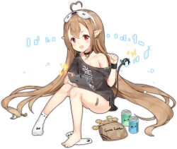 Rule 34 | 1girl, :d, ahoge, ark order, bag, bandaid, bandaid on leg, banned artist, black shirt, brown hair, cable, cable tail, can, coin, drinking straw, earrings, electricity, eye mask, full body, goblin (ark order), handheld game console, heart, heart ahoge, holding, holding handheld game console, hologram, jewelry, long hair, looking at viewer, maya g, mechanical tail, nintendo ds, off shoulder, official art, open mouth, paw earrings, plug, pointing, pointing at self, pointy ears, potion, red eyes, shirt, sidelocks, single bare shoulder, single earring, single sock, sitting, smile, socks, solo, tachi-e, tail, thumbs up, transparent background, unworn socks, very long hair, wristband