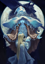 Rule 34 | 1boy, 2girls, bell, blaidd the half-wolf, blonde hair, blue dress, blue eyes, blue hair, blue headwear, blue robe, blue skin, cloak, colored skin, crescent, delarave, doll, dress, elden ring, extra arms, extra hands, full moon, fur cloak, hat, highres, holding, holding bell, holding head, holding moon, lap pillow, long hair, looking at viewer, moon, multiple girls, night, night sky, one eye closed, queen marika the eternal, ranni the witch, robe, severed head, sitting, sky, wavy hair, wide brim, witch, witch hat, wolf boy