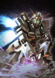 Rule 34 | beam saber, char&#039;s counterattack, glowing, glowing eyes, green eyes, gundam, holding, holding sword, holding weapon, mecha, mobile suit, nu gundam, robot, science fiction, signature, solo, space, sword, thrusters, totthii0081, v-fin, weapon