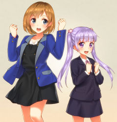 Rule 34 | 2girls, arms up, black dress, black jacket, black skirt, black suit, blue eyes, blunt bangs, blush, brown hair, buttons, commentary request, crossover, dress, flower, formal, hair flower, hair ornament, jacket, light brown background, long hair, long sleeves, looking at viewer, miyamori aoi, multiple girls, open clothes, open jacket, open mouth, overalls, pink ribbon, poripori, purple eyes, purple hair, ribbon, round teeth, shirobako, short hair, simple background, skirt, skirt suit, standing, suit, suzukaze aoba, teeth, trait connection, twintails