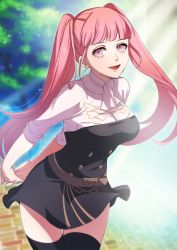 Rule 34 | 1girl, ascot, belt, blunt bangs, breasts, colored eyelashes, fire emblem, fire emblem: three houses, garreg mach monastery uniform, highres, hilda valentine goneril, kokouno oyazi, large breasts, long hair, long sleeves, looking at viewer, matching hair/eyes, nintendo, open mouth, pink eyes, pink hair, shirt, simple background, skirt, smile, solo, thighhighs, thighs, twintails, uniform, zettai ryouiki