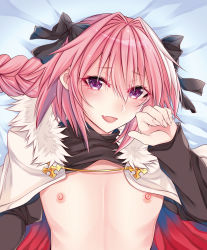 Rule 34 | 1boy, :d, astolfo (fate), bad id, bad pixiv id, bed sheet, black bow, black shirt, blush, bow, braid, cloak, clothes lift, commentary request, eyelashes, fang, fate/apocrypha, fate (series), fingernails, from above, fur-trimmed cloak, fur collar, fur trim, hair between eyes, hair bow, hair intakes, hand up, lips, long hair, long sleeves, looking at viewer, lying, male focus, multicolored hair, nipples, on back, open mouth, pink hair, purple eyes, raised eyebrows, shirt, shirt lift, shisei (kyuushoku banchou), single braid, smile, solo, streaked hair, trap, turtleneck, two-tone hair, upper body, white cloak, white hair