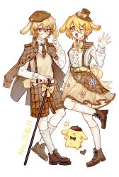 Rule 34 | 035nnn, 1boy, 1girl, animal ears, beret, blonde hair, boots, bow, bowtie, brown footwear, brown headwear, brown jacket, brown necktie, collared shirt, dog ears, dog tail, don quixote (project moon), full body, hat, highres, jacket, jacket on shoulders, limbus company, long sleeves, mini hat, mini top hat, necktie, open mouth, pompompurin, project moon, sanrio, shirt, shoes, short hair, sinclair (project moon), skirt, smile, socks, sweater vest, tail, top hat, white shirt, white socks, yellow bow, yellow bowtie, yellow eyes, yellow skirt, yellow sweater vest