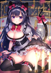Rule 34 | 1girl, :o, animal ears, bell, black headwear, black thighhighs, bow, breasts, cat ears, cat tail, choker, cleavage, clothes lift, dress, english text, frilled bow, frilled dress, frilled panties, frilled skirt, frilled sleeves, frills, hair between eyes, hair bow, lace, lifting own clothes, long hair, maid, maid headdress, medium breasts, mirror, mitsuba choco, neck bell, official art, original, panties, purple eyes, purple hair, red bow, red nails, red ribbon, ribbon, ribbon choker, shirt lift, side-tie panties, skirt, tail, thighhighs, underwear, white bow, wrist cuffs