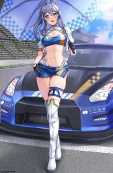1girl bandeau black_gloves blue_bandeau blue_eyes blue_hair blue_skirt blue_sky boots car checkered_clothes cloud cropped_jacket day full_body gloves gotland_(fuji_speedway_race_queen_mode)_(kancolle) gotland_(kancolle) hair_between_eyes half_gloves headphones headset highleg highleg_panties highres jacket kantai_collection long_hair looking_at_viewer microphone miniskirt mizuki_(uzuki_no_sato) mole mole_under_eye motor_vehicle navel outdoors panties ponytail race_queen racetrack skirt sky smile solo standing thigh_boots two-tone_bandeau umbrella underwear white_footwear white_jacket white_panties