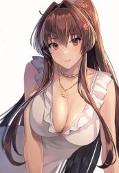 Rule 34 | 1girl, alternate costume, bare shoulders, breasts, brown hair, cleavage, commentary request, dress, hair between eyes, hair intakes, highres, jewelry, kantai collection, kasumi (skchkko), large breasts, long hair, looking at viewer, necklace, ponytail, red eyes, simple background, sleeveless, sleeveless dress, smile, solo, upper body, very long hair, white background, white dress, yamato (kancolle)