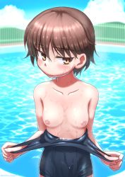 Rule 34 | 1girl, blue one-piece swimsuit, blush, breasts, brown eyes, brown hair, closed mouth, coffeenougat 1985, collarbone, embarrassed, female focus, girls und panzer, highres, isobe noriko, looking at viewer, nipples, one-piece swimsuit, outdoors, pool, school swimsuit, shiny skin, short hair, sky, small breasts, solo, standing, swimsuit, wet