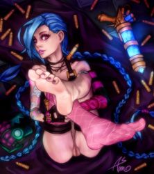 Rule 34 | 1girl, asmo deus, asymmetrical gloves, blue hair, braid, bullet, feet, female focus, fishnet thighhighs, fishnets, full body, gloves, jinx (league of legends), league of legends, lipstick, long hair, looking at viewer, makeup, mismatched gloves, pink thighhighs, pussy, red eyes, single thighhigh, solo, tattoo, thighhighs, twin braids, uncensored, very long hair