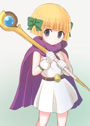 Rule 34 | 1girl, blonde hair, blunt bangs, bob cut, bow, cape, dragon quest, dragon quest v, dress, gloves, gradient background, green bow, grey eyes, hair bow, hero&#039;s daughter (dq5), holding, holding staff, legs apart, looking at viewer, multiple hair bows, purple cape, short hair, sleeveless, sleeveless dress, solo, staff, suta (clusta), white dress, white gloves