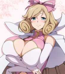 Rule 34 | 1girl, bare shoulders, blonde hair, bow, breast hold, breasts, bridal gauntlets, cleavage, cleavage cutout, closed mouth, clothing cutout, coat, coat on shoulders, crossed arms, green eyes, hair bow, hair tubes, haruka (senran kagura), highres, huge breasts, lab coat, looking at viewer, over shoulder, pink bow, revealing clothes, runaru, senran kagura, smile, solo, upper body, vial