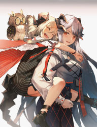 Rule 34 | 2girls, :d, ^ ^, arknights, bird, bkko, black dress, black footwear, black skirt, blush, breasts, cape, carrying, closed eyes, cowboy shot, dress, feather hair, from side, glasses, gradient background, grey background, hair between eyes, highres, horns, ifrit (arknights), long hair, long sleeves, looking at viewer, medium breasts, multiple girls, open mouth, owl, piggyback, puffy sleeves, red eyes, round eyewear, saria (arknights), shirt, shoes, short dress, silence (arknights), silence (owl) (arknights), silver hair, skirt, smile, standing, striped clothes, striped dress, tail, vertical-striped clothes, vertical-striped dress, white background, white shirt