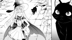 Rule 34 | 1girl, animal ears, black cat, phyllis (cat) (little witch nobeta), cape, cat, cat ears, closed eyes, closed mouth, comic, dot nose, dress, female focus, flat chest, gloves, greyscale, hair between eyes, hairband, hat, highres, holding, holding staff, holding weapon, hood, little witch nobeta, long hair, monochrome, multiple views, nobeta, non-web source, official art, open mouth, phyllis (cat) (little witch nobeta), phyllis (little witch nobeta), staff, standing, straight hair, tail, thighhighs, weapon, witch, witch hat