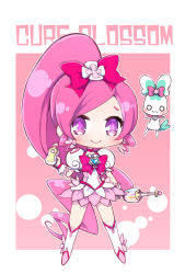 Rule 34 | 10s, 1girl, bad id, bad pixiv id, blush, boots, bow, brooch, character name, choker, chypre (heartcatch precure!), cure blossom, dress, english text, eyelashes, hair ornament, hair ribbon, hanasaki tsubomi, happy, heart, heart brooch, heartcatch precure!, jewelry, lacolon, long hair, looking at viewer, magical girl, pink background, pink bow, pink dress, pink eyes, pink hair, pink theme, ponytail, precure, puffy sleeves, ribbon, smile, solo, standing, very long hair, white background, wrist cuffs