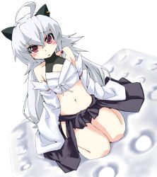 Rule 34 | 1girl, ahoge, blush, duplicate, grune, horns, long hair, midriff, original, red eyes, shiroko (reku), solo, white hair