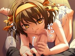 Rule 34 | 00s, 1boy, 1girl, breasts, brown hair, censored, clothed male nude female, completely nude, feet, gipsy underground, handjob, hetero, kneeling, mosaic censoring, nipples, nude, open fly, penis, shoes, short hair, smile, solo focus, standing, suzumiya haruhi, suzumiya haruhi no yuuutsu, text focus, translated