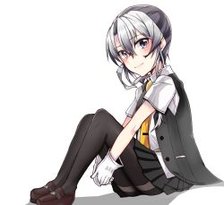 Rule 34 | 10s, 1girl, asymmetrical hair, bad id, bad twitter id, blouse, blush, brown footwear, buttons, flipped hair, gloves, green hair, grey eyes, highres, kantai collection, loafers, long hair, looking at viewer, multicolored hair, necktie, nowaki (kancolle), oomori (kswmr), pantyhose, pleated skirt, school uniform, shirt, shoes, silver hair, simple background, sitting, skirt, smile, solo, swept bangs, thighband pantyhose, two-tone hair, vest, white background, white gloves, yellow necktie