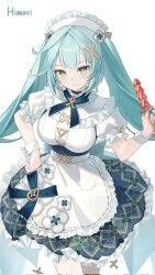 Rule 34 | 1girl, apron, aqua dress, aqua hair, artist name, breasts, closed mouth, dress, faruzan (cafe) (genshin impact), faruzan (genshin impact), food, genshin impact, green eyes, hair ornament, hand on own hip, hand up, highres, himari (himari ttc), holding, holding food, long hair, looking at viewer, maid, maid apron, maid headdress, medium breasts, official alternate costume, short sleeves, simple background, smile, solo, standing, symbol-shaped pupils, triangle-shaped pupils, twintails, white apron, white background, x hair ornament