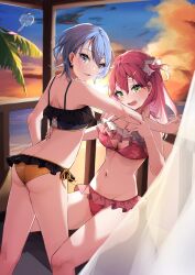 Rule 34 | 2girls, absurdres, ass, bikini, blue hair, blue sky, breasts, cloud, frilled bikini, frills, gradient sky, green eyes, hair ornament, hairclip, highres, hololive, hoshimachi suisei, large breasts, looking at viewer, multiple girls, navel, open mouth, orange sky, pink hair, ryo-taso, sakura miko, short hair, sky, small breasts, stomach, swimsuit, virtual youtuber