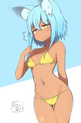 Rule 34 | 1girl, absurdres, animal ear fluff, animal ears, bikini, blue background, blue hair, blush, breasts, brown eyes, closed mouth, gluteal fold, groin, hair between eyes, hand up, highres, idaten93, long hair, looking at viewer, navel, original, small breasts, solo, swimsuit, tan, terufu-chan, thigh gap, two-tone background, white background, yellow bikini