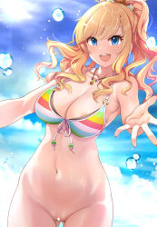 Rule 34 | 1girl, areola slip, bar censor, bare shoulders, bikini, bikini top only, blonde hair, blue eyes, blue sky, blush, bottomless, breasts, censored, cleavage, collarbone, gluteal fold, halterneck, highres, idolmaster, idolmaster cinderella girls, jewelry, large breasts, long hair, looking at viewer, mk (mod0), multicolored bikini, multicolored clothes, navel, necklace, ohtsuki yui, open mouth, outstretched arms, ponytail, pussy, sky, smile, solo, striped bikini, striped clothes, swimsuit, thighs, water drop, wavy hair