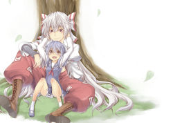 Rule 34 | 2girls, arms up, between legs, boots, bow, child, cross-laced footwear, dress, female focus, fujiwara no mokou, hair bow, happy, kamishirasawa keine, lace-up boots, long hair, looking up, multiple girls, open mouth, oukawa yuu, pants, sitting, smile, touhou, tree, very long hair, aged down