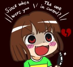 Rule 34 | &gt;:d, :3, :d, androgynous, bad id, bad pixiv id, blank eyes, blush stickers, broken heart, brown background, brown hair, chara (undertale), empty eyes, english text, fangs, gender request, glint, gyate gyate, heart, knife, lowres, open mouth, portrait, red eyes, shaded face, shirt, simple background, smile, solo, spoilers, striped clothes, striped shirt, tareme, teeth, undertale, upper body, v-shaped eyebrows, yaruky