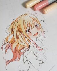 Rule 34 | 1girl, :d, absurdres, art tools in frame, blonde hair, blush, dot nose, drinking straw, drinking straw in mouth, grid, hair between eyes, happy, highres, lineart, long hair, looking ahead, marker, marker (medium), multicolored hair, open mouth, photo (medium), pink eyes, pink hair, project sekai, sailor collar, shirt, signature, smile, solo, strap, tenma saki, traditional media, twintails, unfinished, upper body, wavy hair, wol.04 art