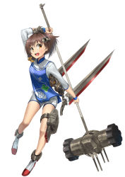 Rule 34 | 1girl, alternate costume, bad id, bad pixiv id, brown eyes, brown hair, cannon, china dress, chinese clothes, dress, floral print, full body, hammer, headgear, headset, highres, holding, holding hammer, holding weapon, kantai collection, open mouth, rigging, rudder footwear, short hair, simple background, solo, speaking tube headset, tan yang (kancolle), thigh strap, torpedo launcher, turret, weapon, white background, yukikaze (kancolle), zombie mogura