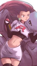 Rule 34 | 1girl, arbok, blue eyes, boots, closed mouth, commentary request, creatures (company), cropped jacket, earrings, elbow gloves, game freak, gen 1 pokemon, gloves, highres, holding, holding poke ball, jacket, jessie (pokemon), jewelry, jjfsantos, lipstick, logo, long hair, looking to the side, makeup, navel, nintendo, poke ball, poke ball (basic), pokemon, pokemon (anime), pokemon (classic anime), pokemon (creature), shirt, skirt, team rocket, team rocket uniform, thigh boots, white background