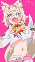 Rule 34 | 1girl, animal ear fluff, animal ears, bandaid, bandaid hair ornament, belt, blonde hair, blue eyes, breasts, cropped shirt, dog ears, dog girl, dog tail, doughnut, fang, food, hair ornament, highres, hinata hirune, holding doughnut, hololive, hololive english, looking at viewer, medium hair, mococo abyssgard, mococo abyssgard (1st costume), navel, open mouth, pink background, pink belt, pink hair, pon de ring, shirt, shorts, skin fang, small breasts, tail, virtual youtuber, white shirt, white shorts, x hair ornament