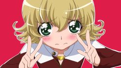 Rule 34 | 1boy, bad id, bad pixiv id, barnaby brooks jr., blonde hair, blush, cure peace pose, derivative work, double v, green eyes, jacket, male focus, parody, pink background, precure, red jacket, simple background, smile precure!, solo, tiger &amp; bunny, v, zwww