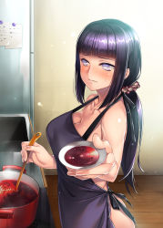 Rule 34 | 1girl, apron, blush, breasts, cleavage, collarbone, cooking, embarrassed, female focus, food, foreshortening, giving, highres, hyuuga hinata, kitchen, ladle, large breasts, long hair, looking away, low ponytail, naked apron, naruto, naruto (series), ponytail, pot, pov, purple hair, refrigerator, religious offering, rororororo, scrunchie, sink, solo, soup, strap gap, sweatdrop, white eyes
